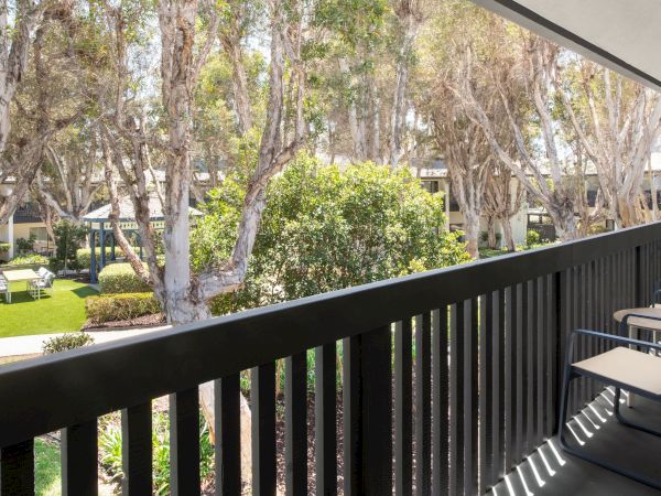 A hotel balcony overlooks a grassy courtyard with tall trees, a small patio table, and sunlit buildings beyond.
