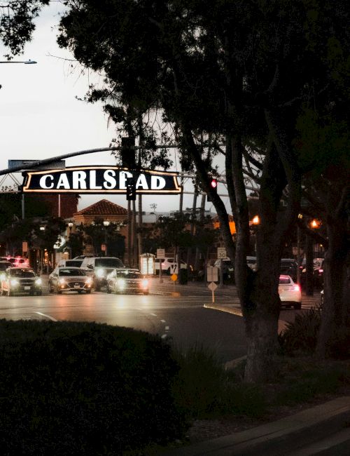 A busy road at dusk with cars and a glowing street sign reading &ldquo;CARLSEAD,&rdquo; framed by trees and streetlights.