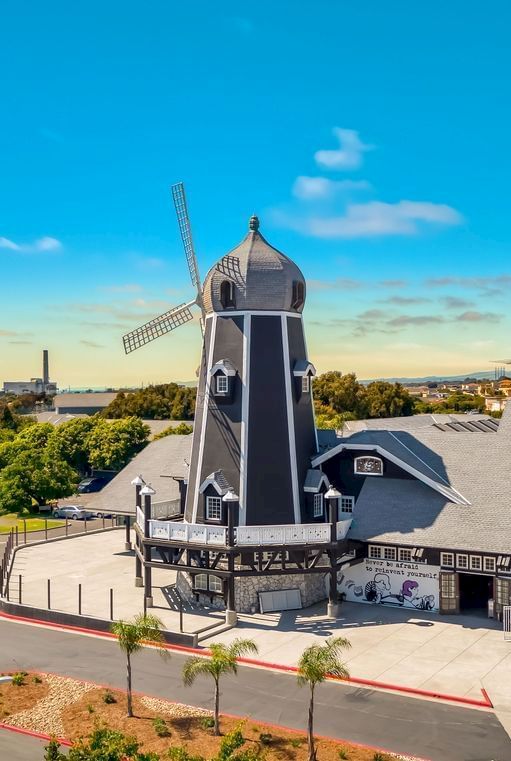 A tall black-and-white Dutch windmill on a rooftop, viewed from above over a suburban street under a blue sky.