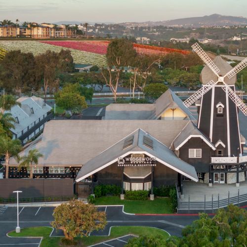 A sunny resort with a large windmill near colorful flower beds and vast rows of crops, with hills and palm trees beyond.