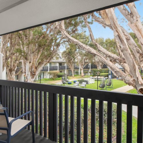 View from a balcony over a sunny courtyard with green lawn, outdoor seating, and towering eucalyptus trees, plus resort buildings beyond.